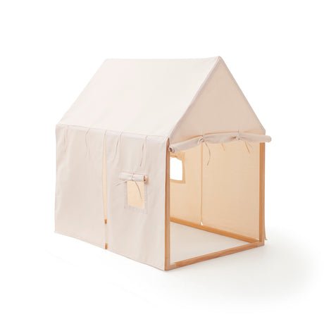 Off-white play house tent with open side entrance and small window on a plain white background.