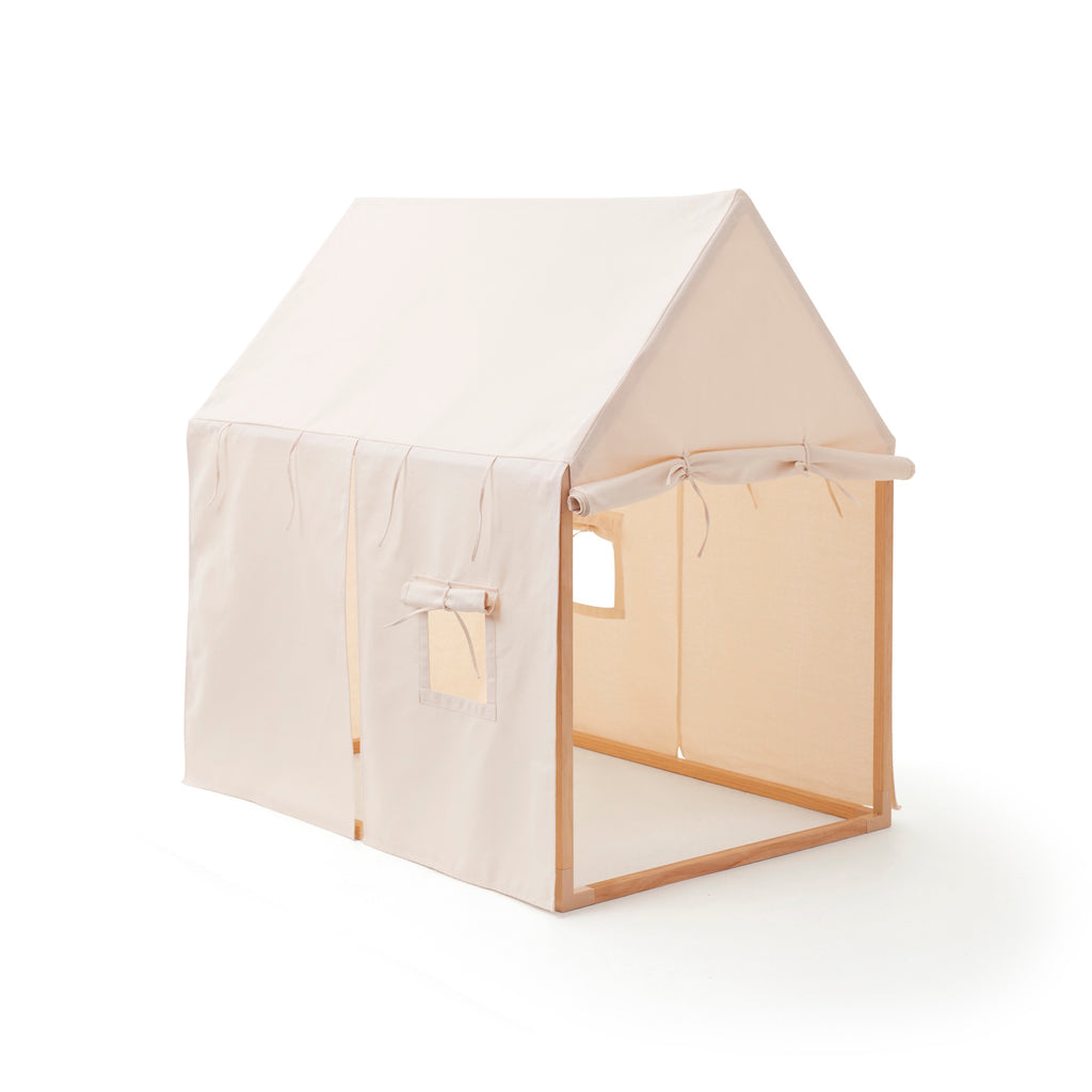 A children's play tent with an off-white canvas roof and wooden frame, designed for imaginative play and indoor fun.