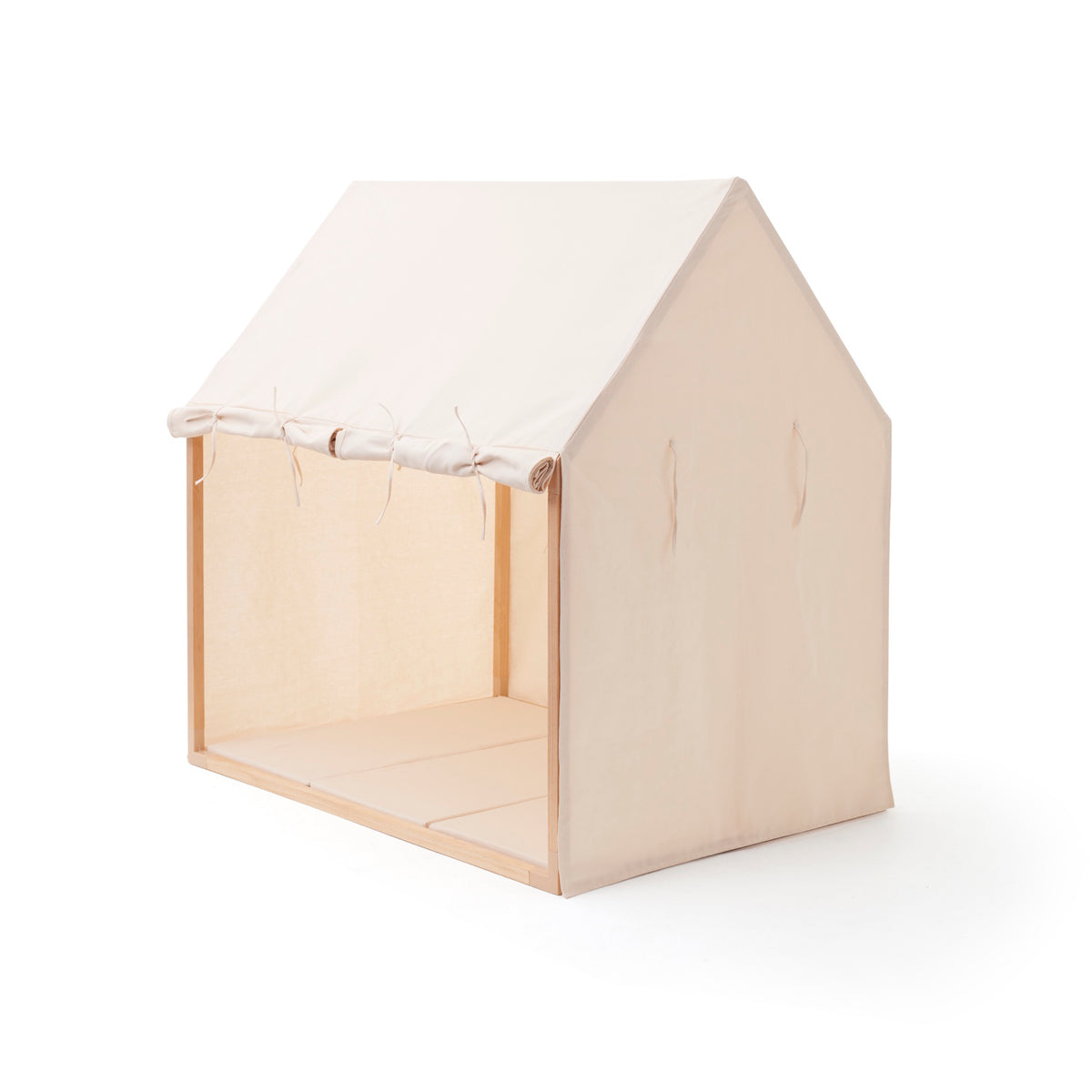 Off-white play house tent with open front, fabric side wall, and wooden frame on a white background.