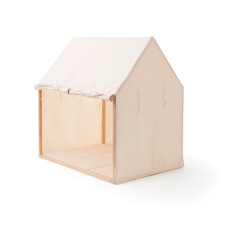 Off-white play house tent with open front, fabric side wall, and wooden frame on a white background.