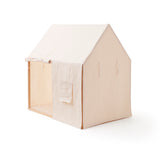 Off-white play house tent with partially rolled front door and covered window, on a white background.