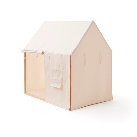 Off-white play house tent with partially rolled front door and covered window, on a white background.