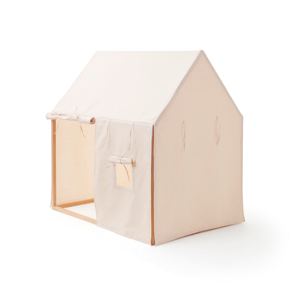A children's play tent with an off-white canvas roof and wooden frame, designed for imaginative play and indoor fun.