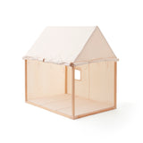 Off-white play house tent with open front, side window, and wooden frame on white background.