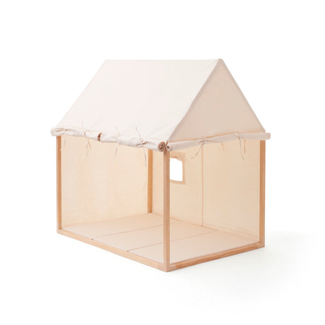Off-white play house tent with open front, side window, and wooden frame on white background.
