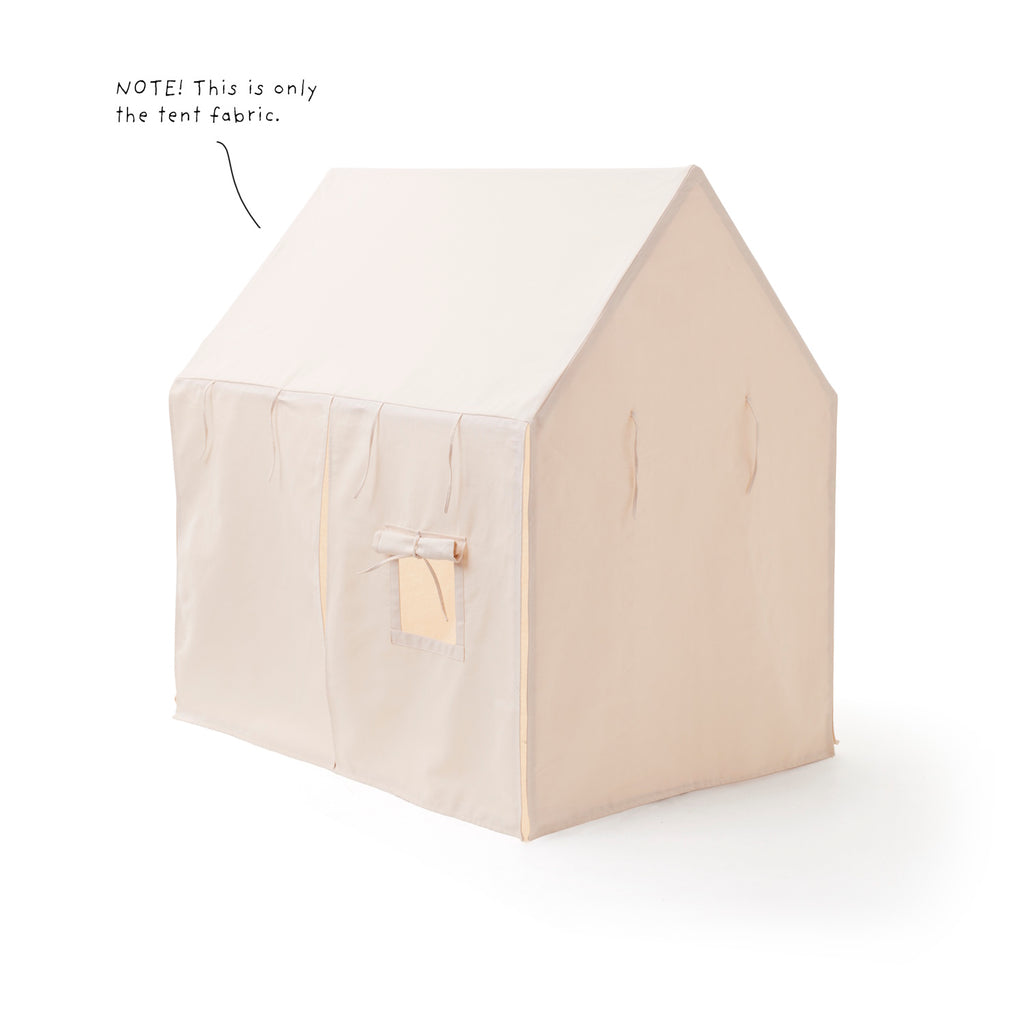 A children's play tent with an off-white canvas roof and wooden frame, designed for imaginative play and indoor fun.