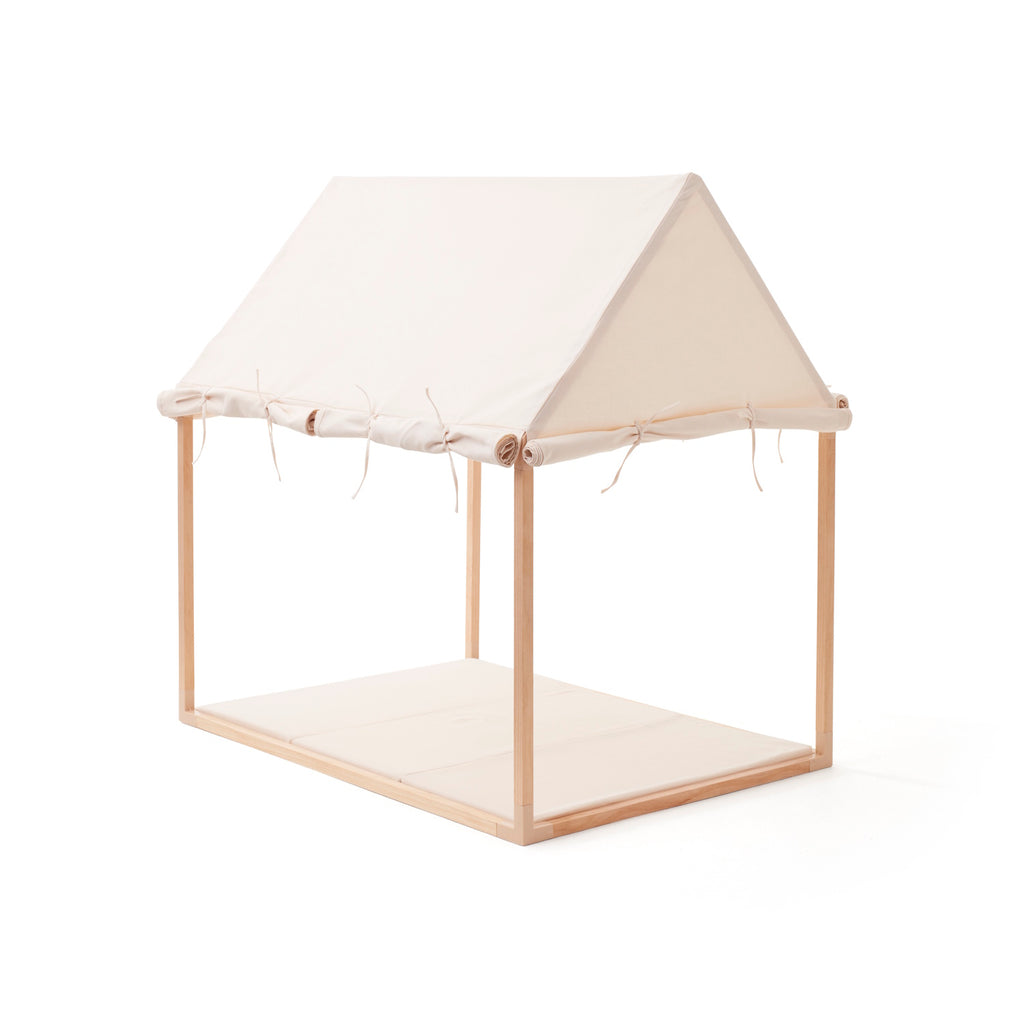 A children's play tent with an off-white canvas roof and wooden frame, designed for imaginative play and indoor fun.