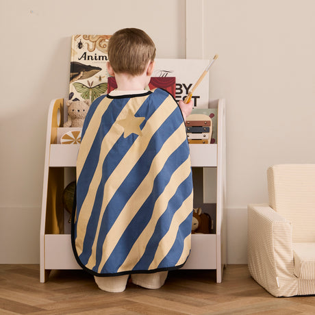 Young child from behind wearing a blue and yellow striped dress-up cape with a gold star badge.