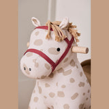Kids Concept plush polka dot rocking horse toy with yarn mane and wooden handles.