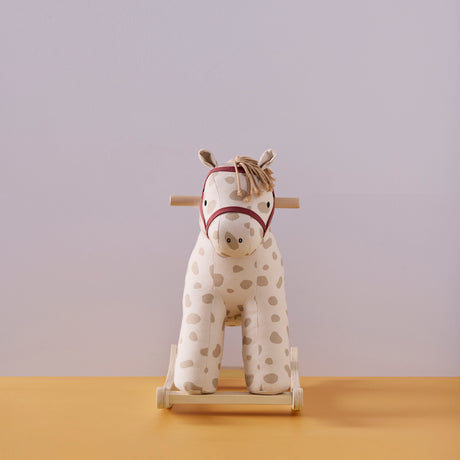 Plush polka dot rocking horse toy for kids with a wooden base and a yarn mane.