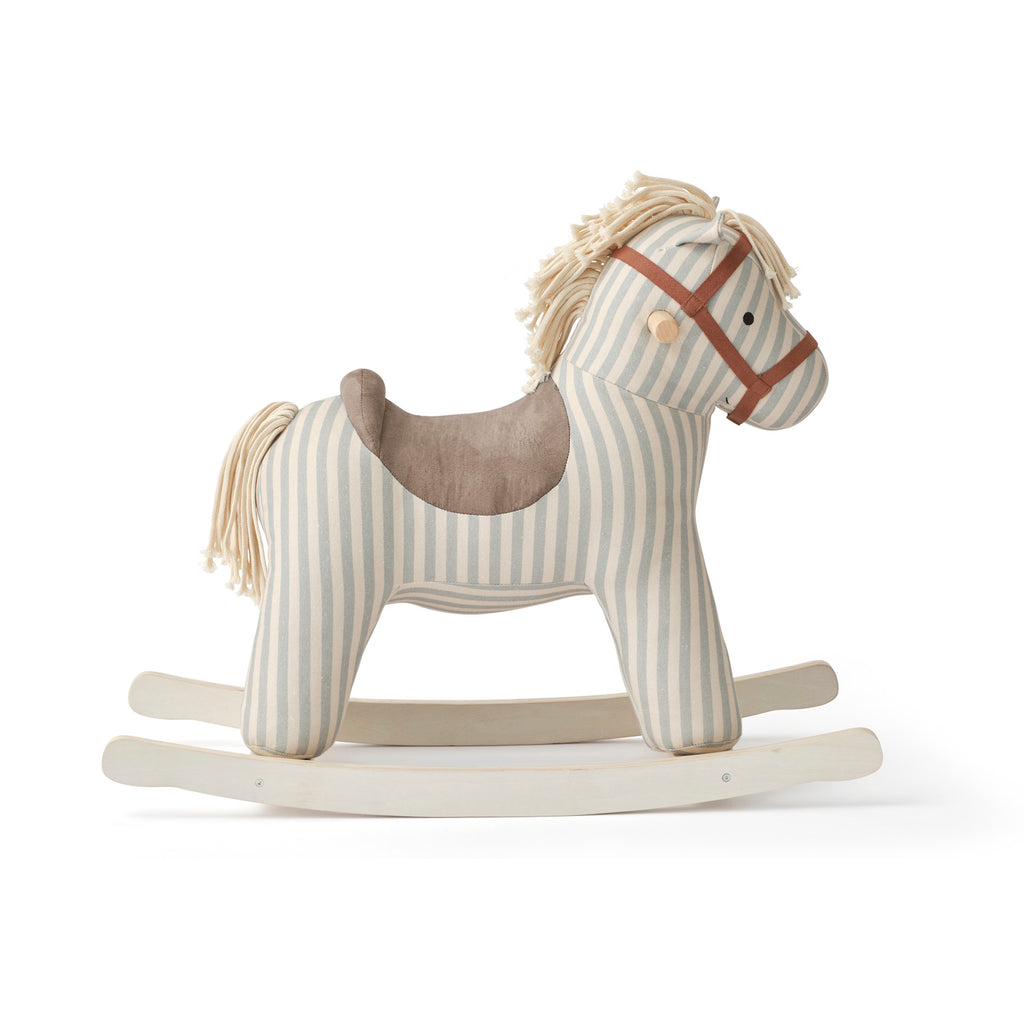 Soft, striped rocking horse with a beige and blue pattern, wooden rockers, and a plush brown saddle. It evokes a playful, nostalgic feel.