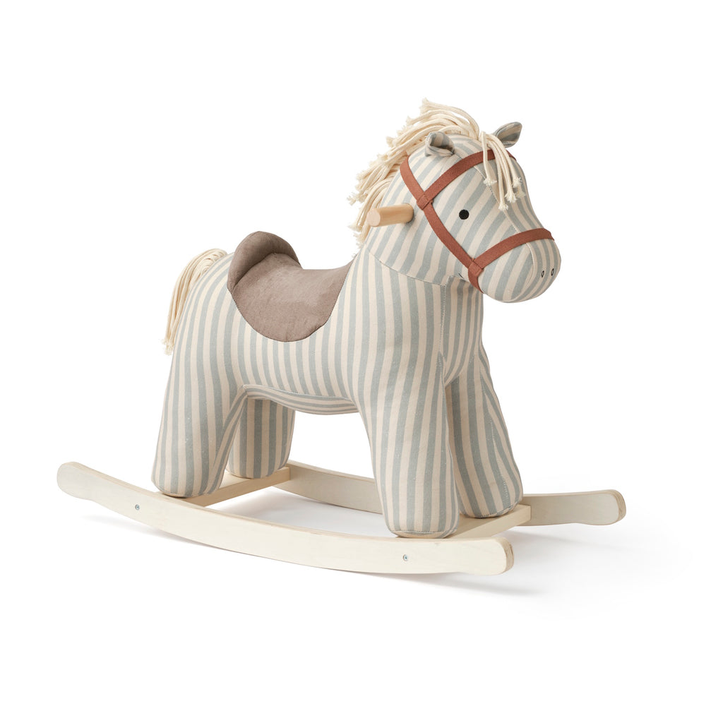 Soft, striped rocking horse with a beige and blue pattern, wooden rockers, and a plush brown saddle. It evokes a playful, nostalgic feel.