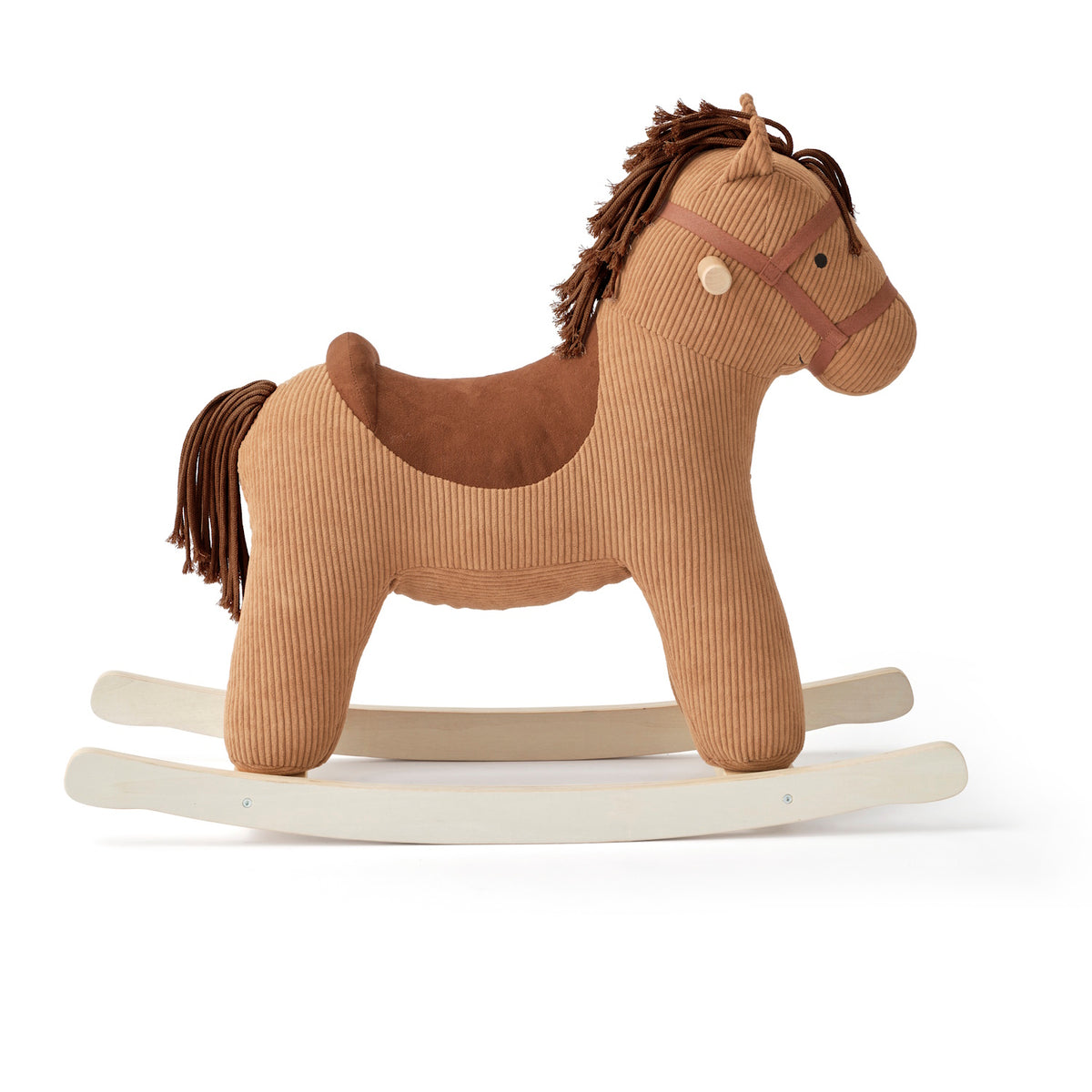 Brown corduroy plush rocking horse toy with wooden runners on a white background.