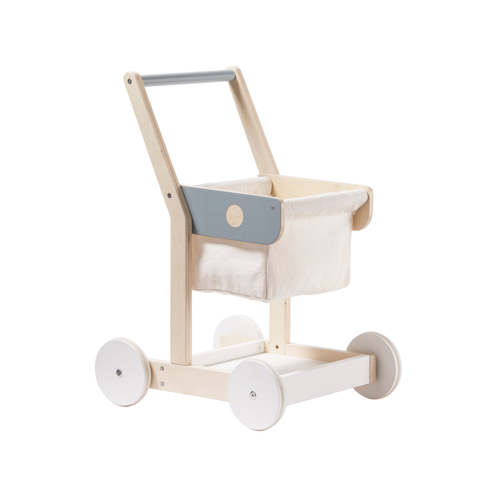 Wooden toy stroller with a fabric basket, gray handle, and white wheels, designed for imaginative play in a white background.