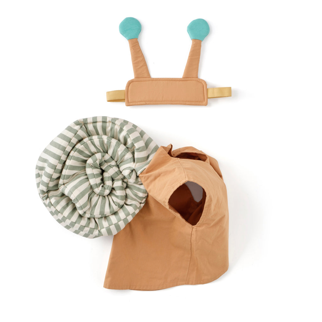 Beige children's costume resembling a snail, featuring a green striped spiral shell, brown body, and a headband with blue antennae. Playful and imaginative.