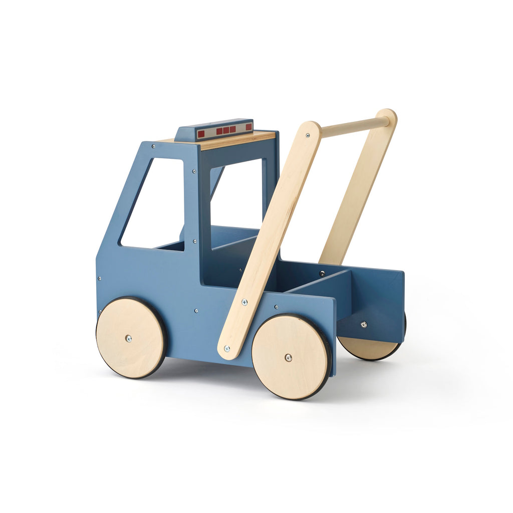 Wooden toy car with a blue body and natural wood accents, featuring four wheels and a handle at the back for pushing. The design is simple and playful.