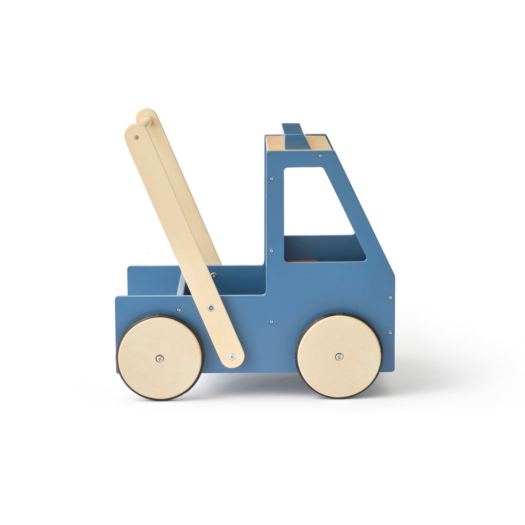 Wooden toy car with a blue body and natural wood accents, featuring four wheels and a handle at the back for pushing. The design is simple and playful.
