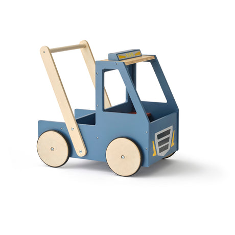 Blue wooden baby walker truck with natural wood wheels and handle on white background.