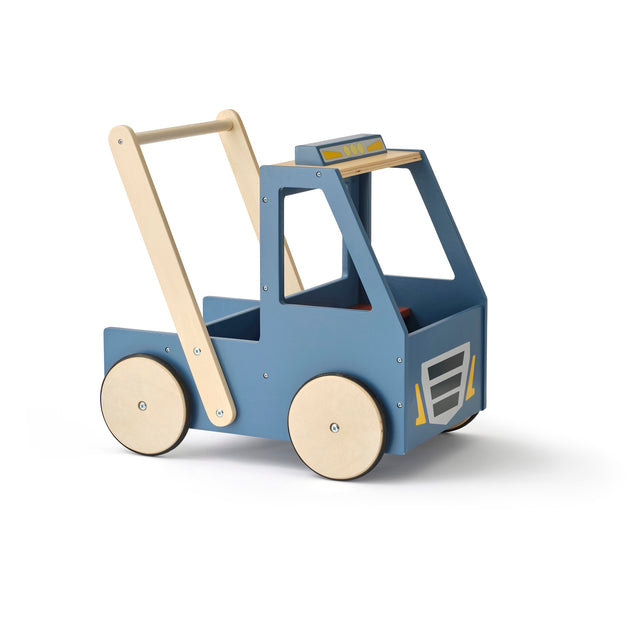 Blue wooden baby walker truck with natural wood wheels and handle on white background.