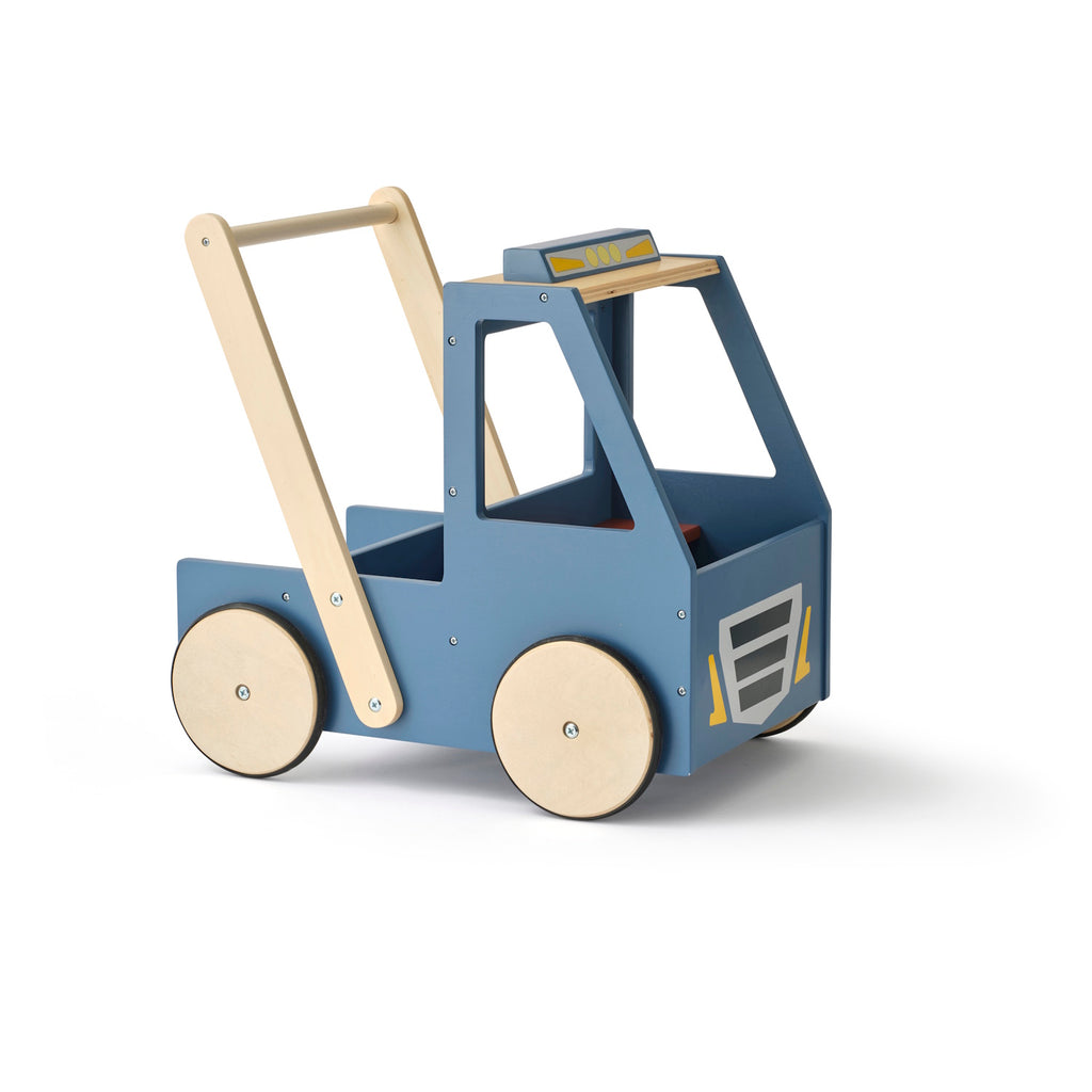 Wooden toy car with a blue body and natural wood accents, featuring four wheels and a handle at the back for pushing. The design is simple and playful.