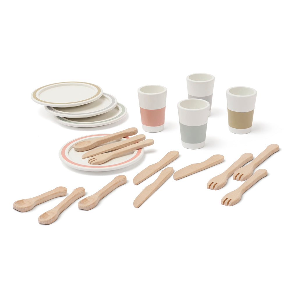 Toy dining set with wooden forks, knives, and spoons on two plates. Four pastel-toned cups complement the minimalist, playful design, on a white background.