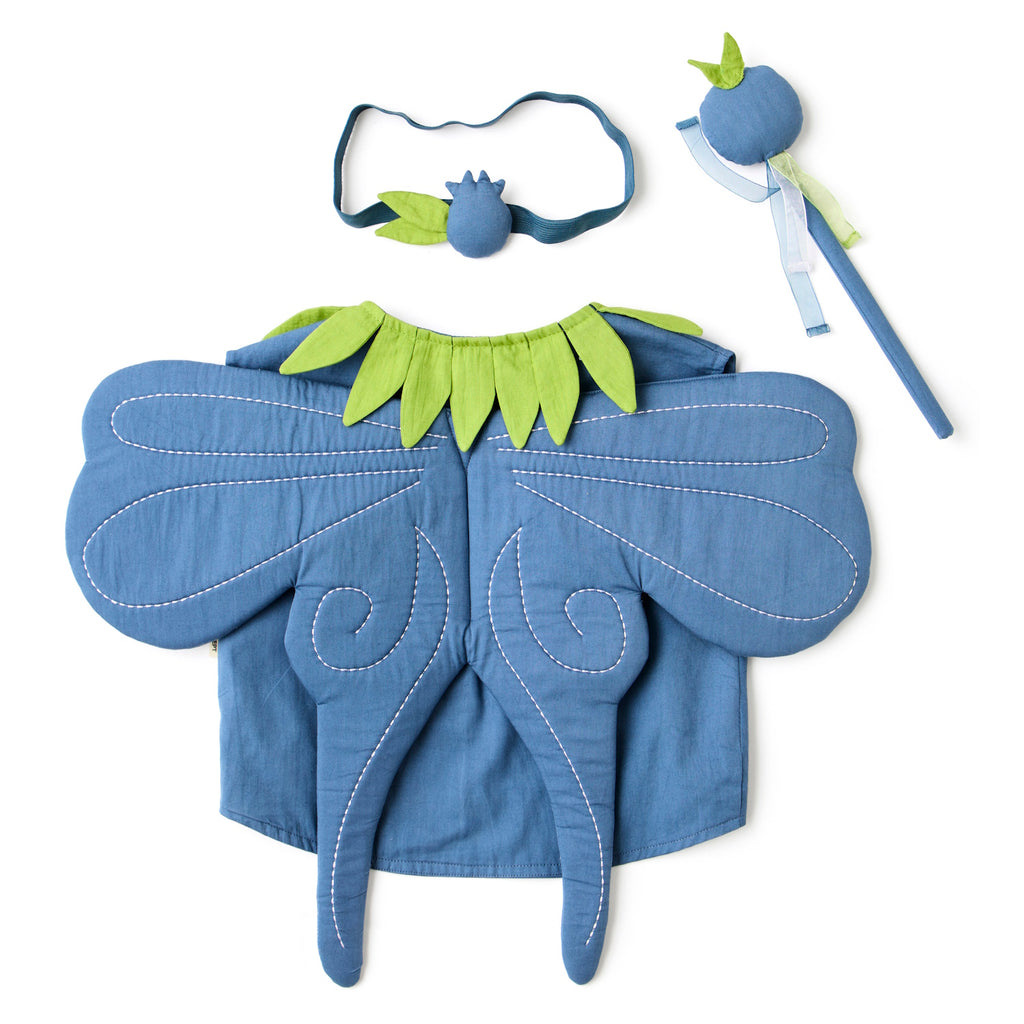 A blue butterfly costume with green accents, featuring wings, a headband, and a wand, laid out on a white background.