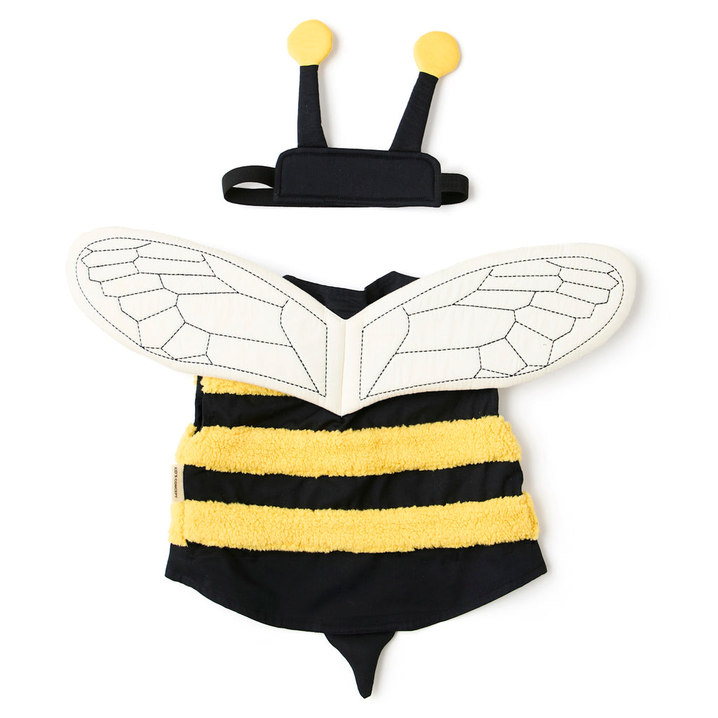 A playful bee costume for pets featuring yellow and black stripes, translucent wings with vein details, and a black headband with yellow pom antennas.