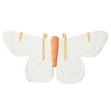 Back view of soft cream fabric butterfly wings showing yellow elastic shoulder and finger straps.
