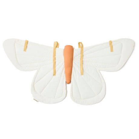Back view of soft cream fabric butterfly wings showing yellow elastic shoulder and finger straps.