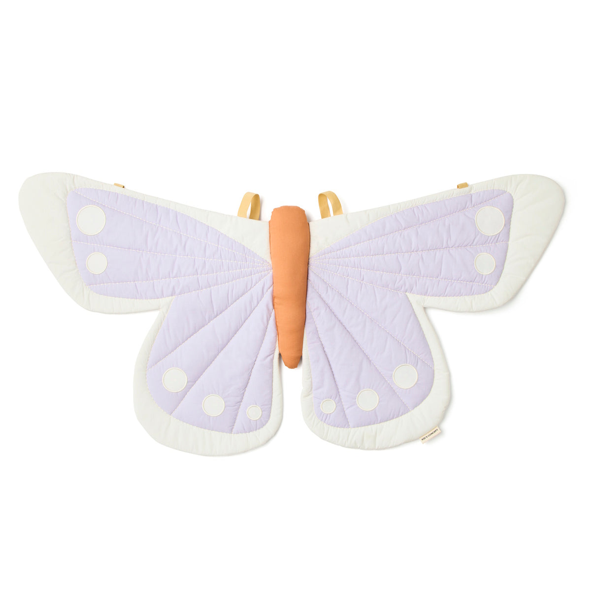 Soft fabric purple and cream butterfly wings dress-up accessory on a white background.