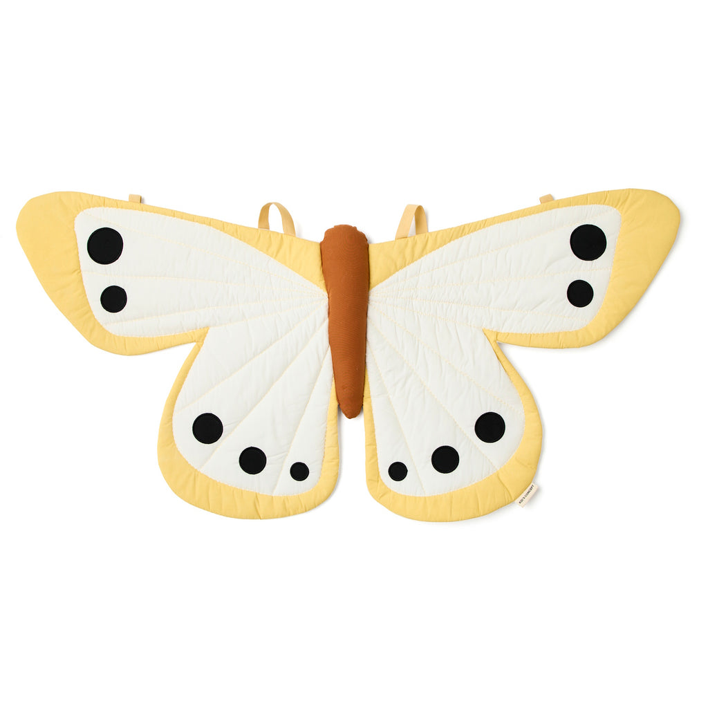 A cheerful yellow butterfly-shaped costume featuring black dots, perfect for imaginative play and decoration.