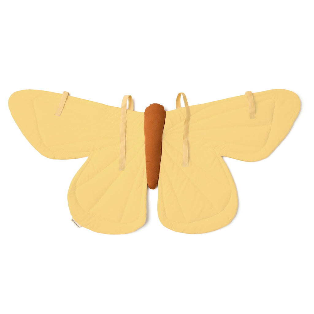 A cheerful yellow butterfly-shaped costume featuring black dots, perfect for imaginative play and decoration.