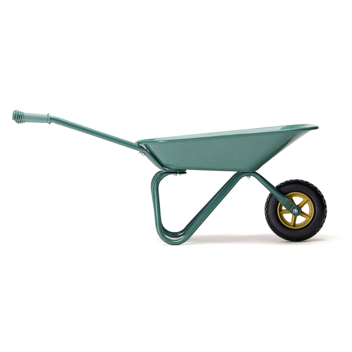 Side view of a green metal children's wheelbarrow with a yellow-rimmed front wheel on a white background.