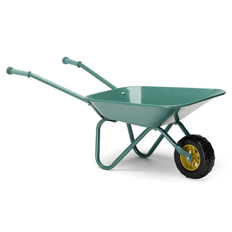 Green metal children's wheelbarrow with yellow rimmed wheel on a white background.