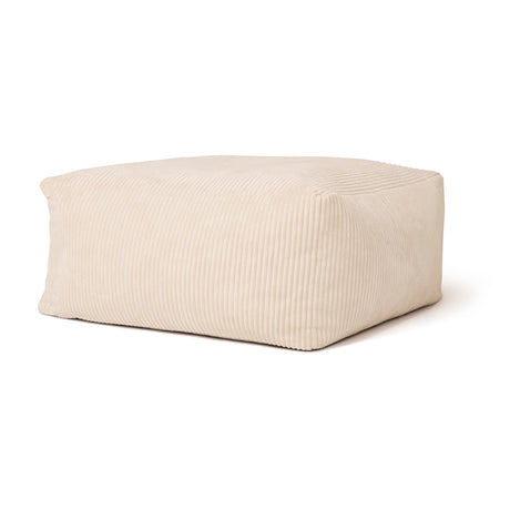Square, off-white corduroy pouffe ottoman on a plain white background.