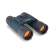 Compact blue binoculars with orange-tinted lenses on a white background. Sleek design suggests outdoor or birdwatching use, conveying precision and focus.