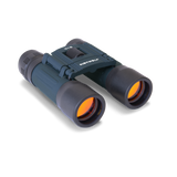 Compact blue binoculars with orange-tinted lenses on a white background. Sleek design suggests outdoor or birdwatching use, conveying precision and focus.