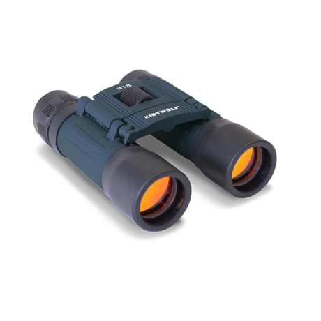 Compact blue binoculars with orange-tinted lenses on a white background. Sleek design suggests outdoor or birdwatching use, conveying precision and focus.