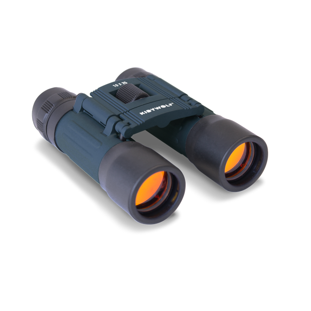 Compact blue binoculars with orange-tinted lenses on a white background. Sleek design suggests outdoor or birdwatching use, conveying precision and focus.