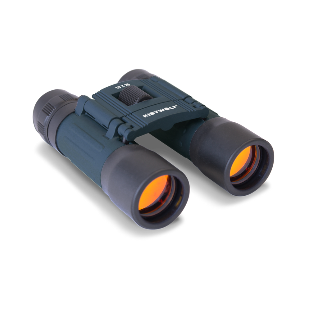 Compact blue binoculars with orange-tinted lenses on a white background. Sleek design suggests outdoor or birdwatching use, conveying precision and focus.