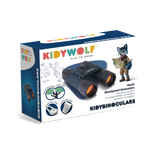 Box of Kidywolf kid's binoculars. Features a cartoon wolf in explorer attire, icons of binocular features, and colorful branding text on a navy-blue and white background.