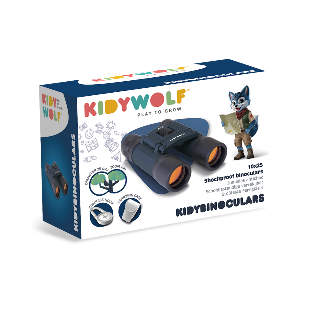Box of Kidywolf kid's binoculars. Features a cartoon wolf in explorer attire, icons of binocular features, and colorful branding text on a navy-blue and white background.