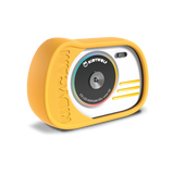 Yellow children's camera with a round lens, colorful accents, and "KIDYWOLF" branding. The compact, playful design gives a cheerful, fun vibe.