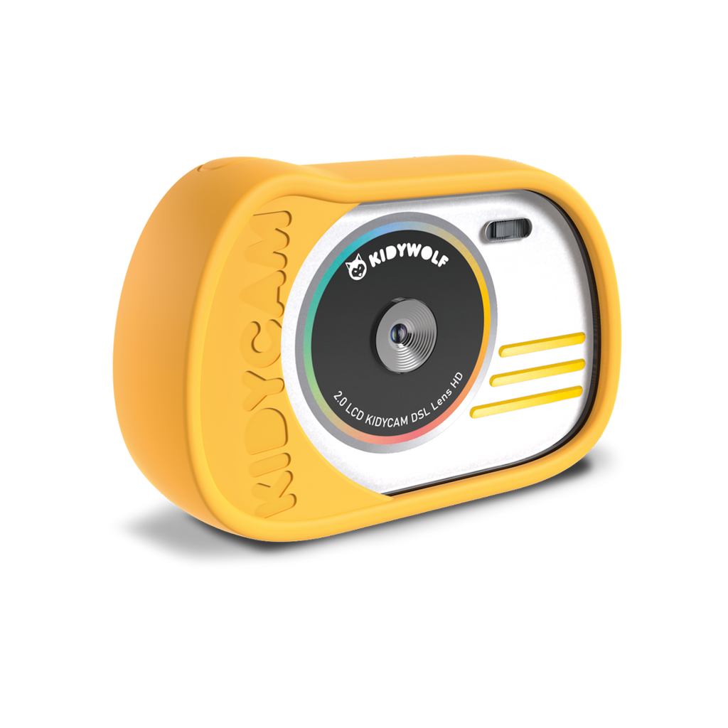 Yellow children's camera with a round lens, colorful accents, and "KIDYWOLF" branding. The compact, playful design gives a cheerful, fun vibe.