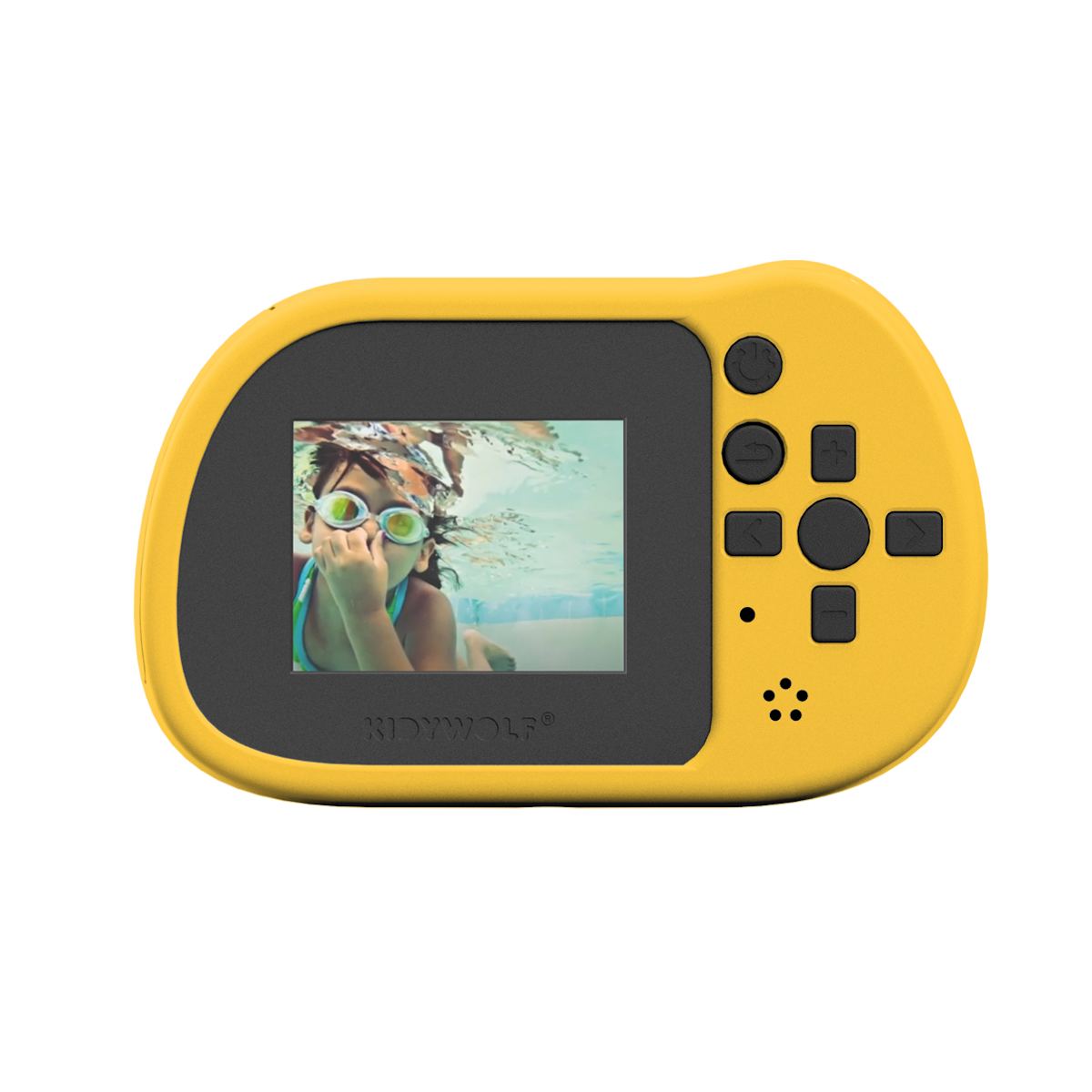 Yellow handheld game console on a white background, displaying an underwater image of a child wearing swimming goggles. Playful, adventurous mood.