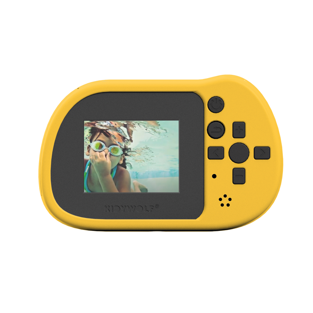 Yellow handheld game console on a white background, displaying an underwater image of a child wearing swimming goggles. Playful, adventurous mood.