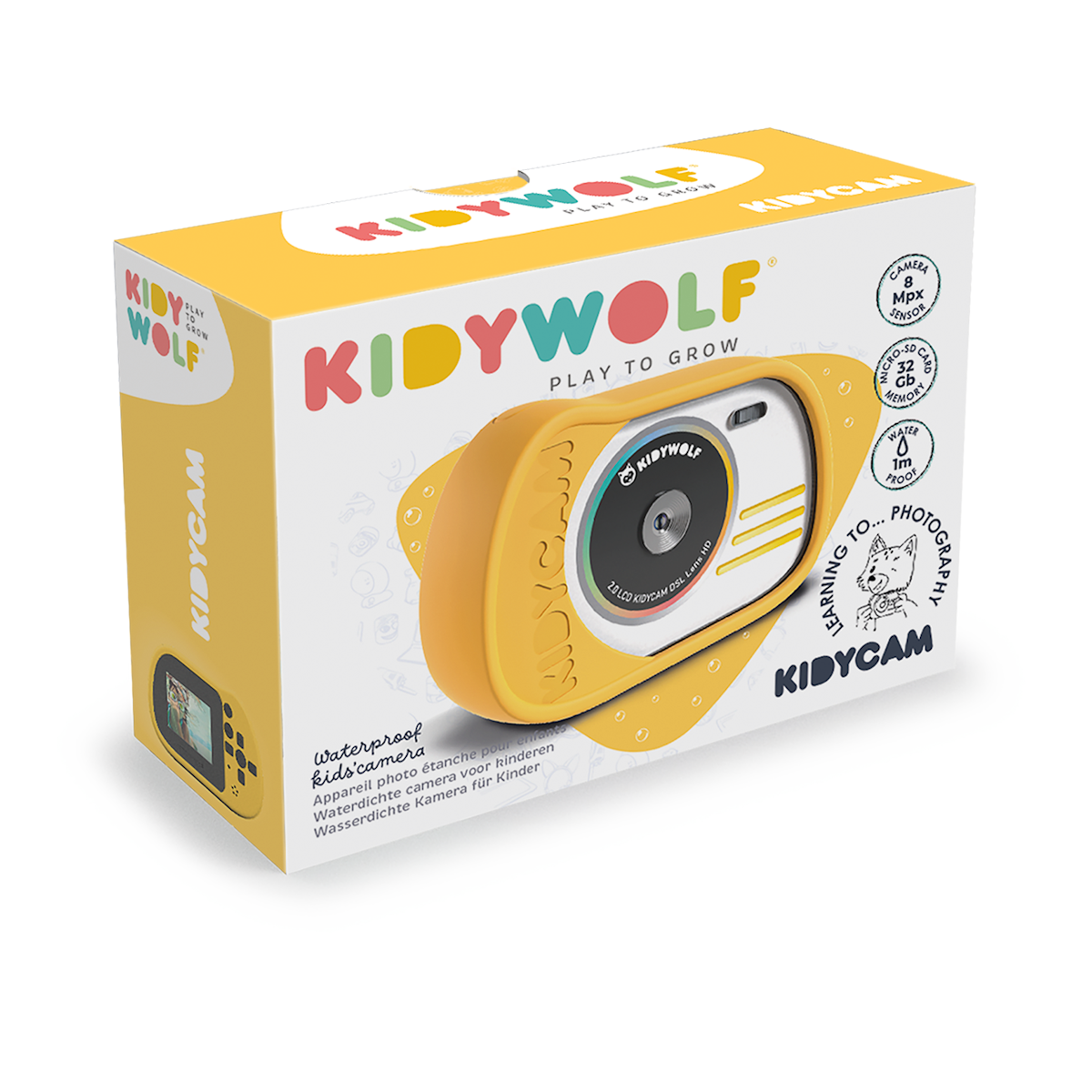 A colorful product box for the Kidywolf Kidycam, featuring a playful design. The box displays a yellow waterproof children's camera with playful text.