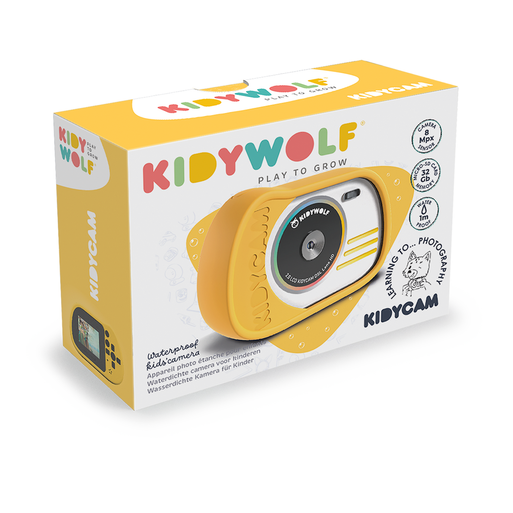 A colorful product box for the Kidywolf Kidycam, featuring a playful design. The box displays a yellow waterproof children's camera with playful text.