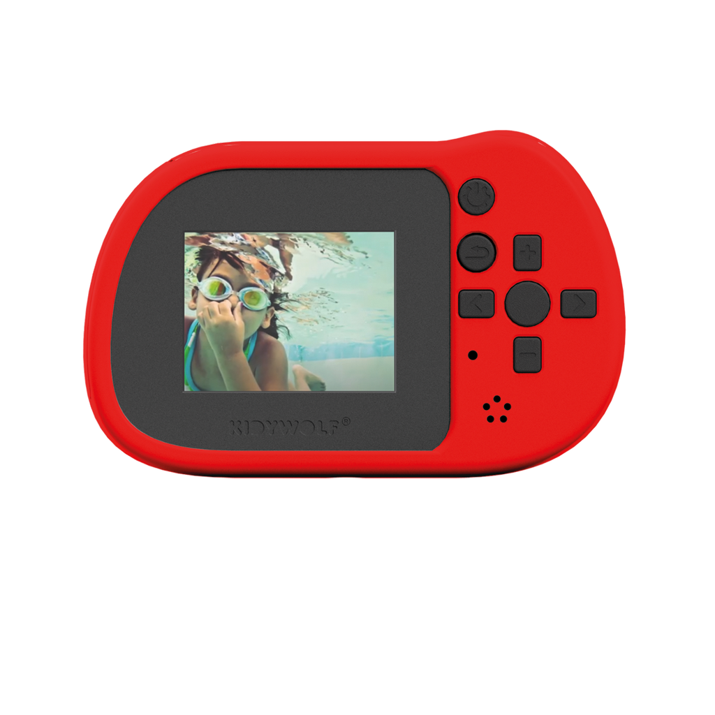 Bright red handheld game console with screen showing a child underwater, wearing goggles. Black buttons on the right, contrasting bold and playful design.