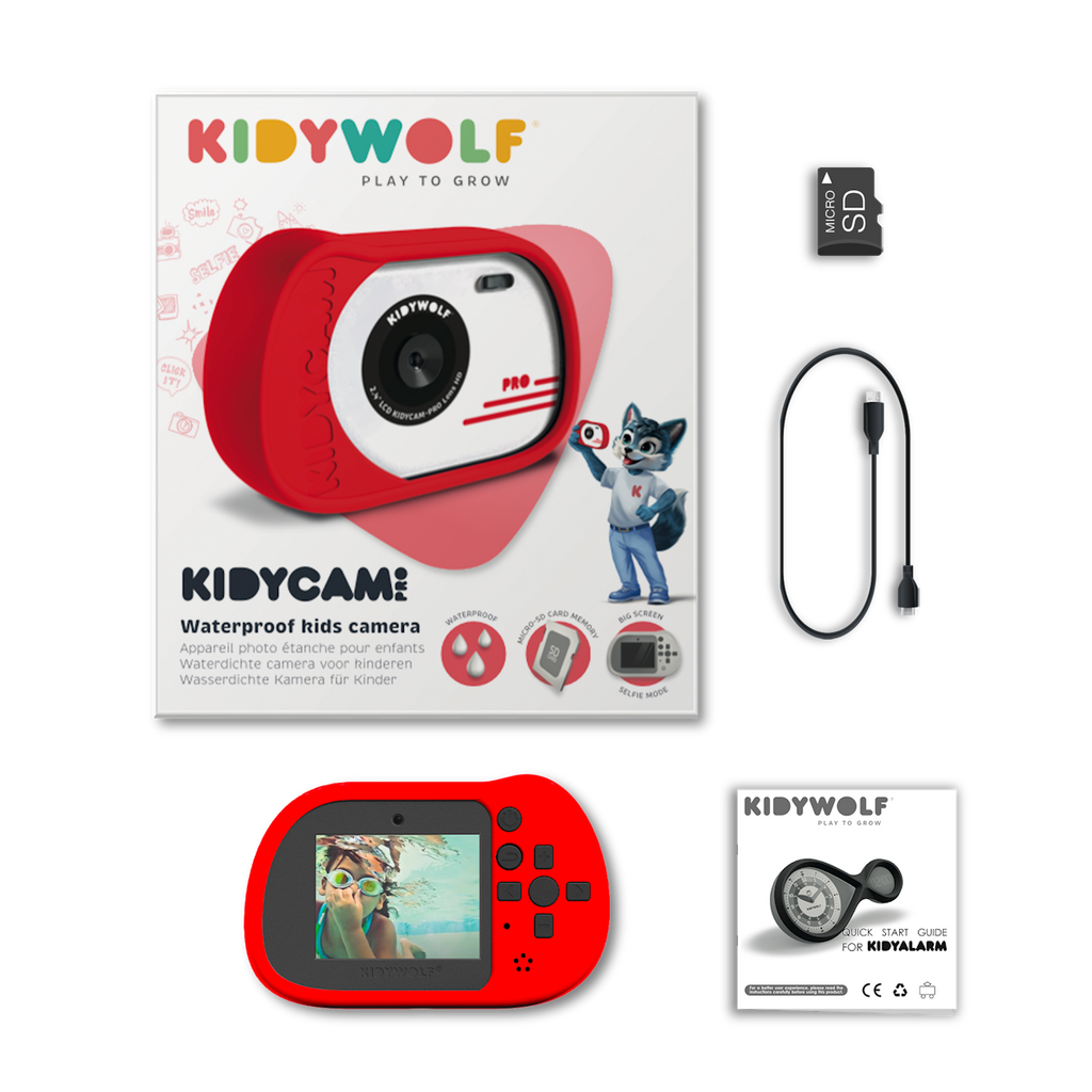 Colorful box for Kidywolf Kidycam Pro, a waterproof kids camera in red. Features include a big screen and selfie mode. Includes a micro SD card, charging cable, and quick start guide.